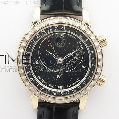 AI공장 파텍 6104P 문 로골 블랙다이얼 가죽스트랩 6104P Moon RG AIF Black Dial Diamond Bezel on Black Leather Strap A240