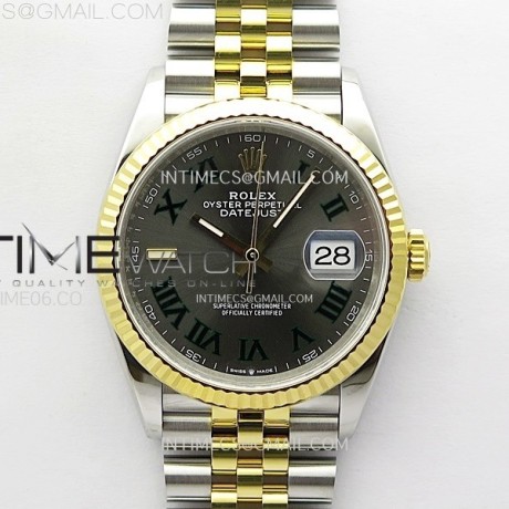 VS공장 롤렉스 데이저스트 36 옐로우골드콤비 슬레이트로만다이얼 쥬빌레브레이슬릿 윔블던 DateJust 36 SS 126233 904L SS/YG VSF 1:1 Best Edition Gray Dial Green Roman Markers on Jubilee Bracelet VS3235