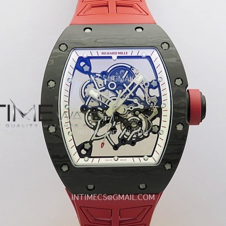 ZF공장 리차드밀 RM055 NTPT 스켈레톤다이얼 레드러버스트랩 RM055 White Inner Bezel Red Crown NTPT ZF 1:1 Best Edition Skeleton Dial On Red Shark Rubber Strap RMUL2 Super Clone