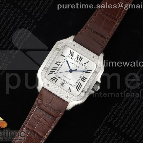3K공장 까르띠에 산토스 라지 40 스틸 다이아몬드베젤 화이트다이얼 가죽스트랩 Santos de Cartier 40mm 3KF 1:1 Best Edition White Dial Diamonds Bezel on Brown Leather Strap MIYOTA 9015