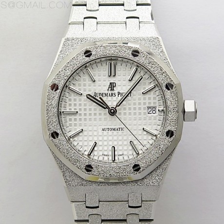 APS공장 오데마피게 로얄오크15454 프로스티드골드 새틴폴리싱 스틸 화이트다이얼 Royal Oak 37mm 15454 Frosted SS APSF 1:1 Best Edition White Textured Dial on Frosted SS Bracelet SA3120 Super Clone