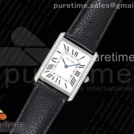 AF공장 까르띠에 탱크솔로 27 라지 스틸 화이트다이얼 다이아몬드베젤 소가죽스트랩 Tank Solo Ladies 27mm SS White Dial Diamonds Bezel on Black Leather Strap Ronda Quartz