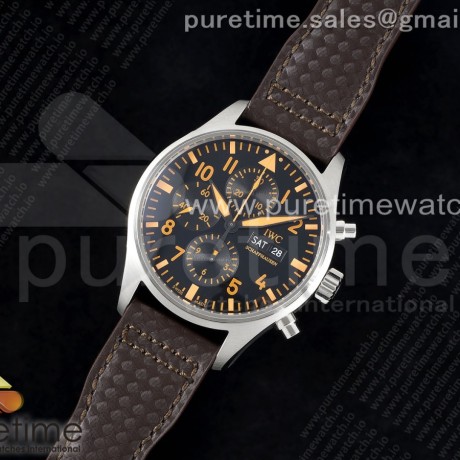 AZ공장 IWC 파일럿 크로노그래프 스틸 블랙다이얼 오렌지인덱스 빈티지핸즈 브라운가죽스트랩 Pilot Chrono SS AZF 1:1 Best Edition Black Dial Orange Markers on Brown Leather Strap A7750