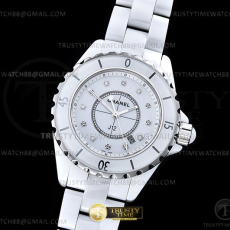 XF공장 샤넬 J12 화이트다이얼 다이아몬드인덱스 33mm 여성용 J-12 Ladies 33mm CER/CER Wht/Dia XF Sw Qtz