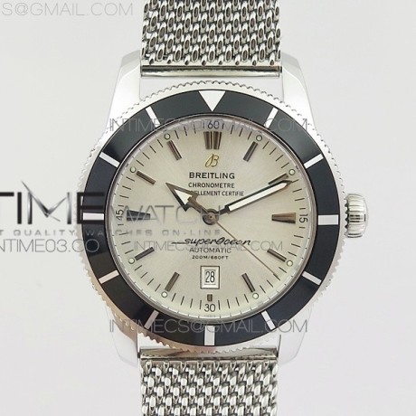 브라이틀링 슈퍼오션 헤리티지 46MM 스틸 화이트다이얼 블랙베젤 매쉬밴드 SUPER OCEAN HERITAGE 46MM SS BLACK BEZEL WHITE DIAL ON SS MESH BRACELET A2824
