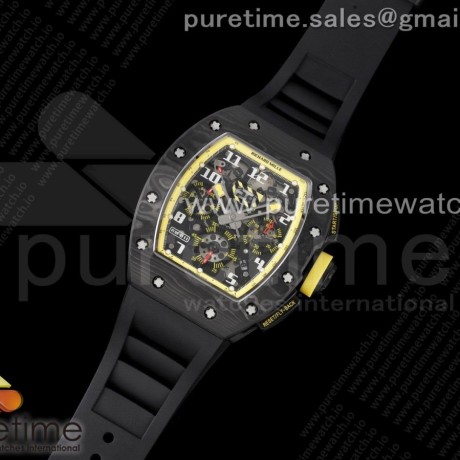 KU공장 RM011 카본 스켈레톤다이얼 러버 RM011 NTPT Carbon Chrono Crystal Skeleton Dial Yellow Inner Bezel on Black Rubber Strap A7750