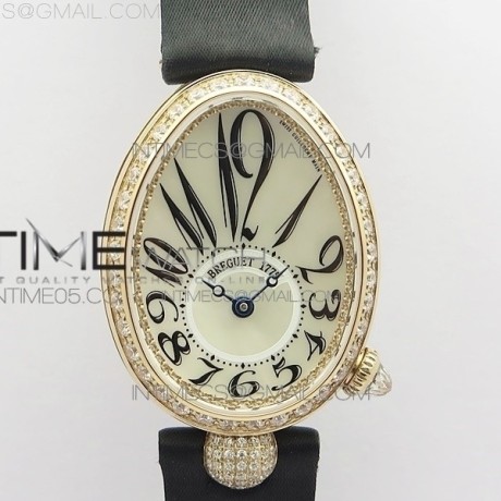 ZF공장 브레게 네이플 33MM 로골 자개다이얼 패블릭스트랩 Reine de Naples 8928BB 33mm RG ZF 1:1 Best Edition White MOP Dial Numeral Markers Diamonds Bezel on Black Fabric Strap A537