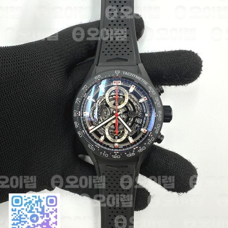 XF공장 태그호이어 카레라 칼리버호이어 크로노그래프 스켈레톤다이얼 블랙러버스트랩 Calibre Heuer 01 Chrono 43mm Ceramic XF 1:1 Best Edition Skeleton Dial Red Hand on Black Rubber Strap A1887