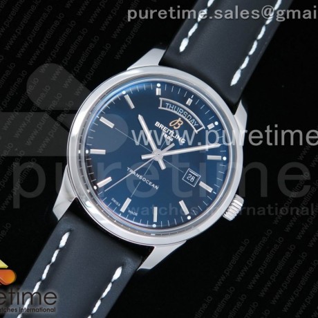 V7공장 브라이틀링 트랜스오션 데이데이트 스틸 블랙다이얼 가죽스트랩  Breitling Transocean Day & Date Automatic SS Black Dial on Black Leather Strap A2836