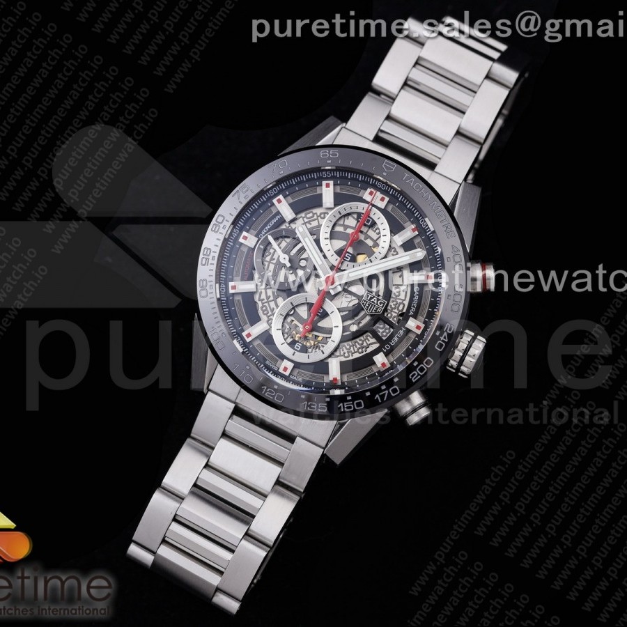 XF공장 칼리버호이어 43 스켈레톤다이얼 브레이슬릿 Calibre Heuer 01 Chrono 43mm SS XF 1:1 Best Edition Skeleton Dial Red Hand on SS Bracelet A1887