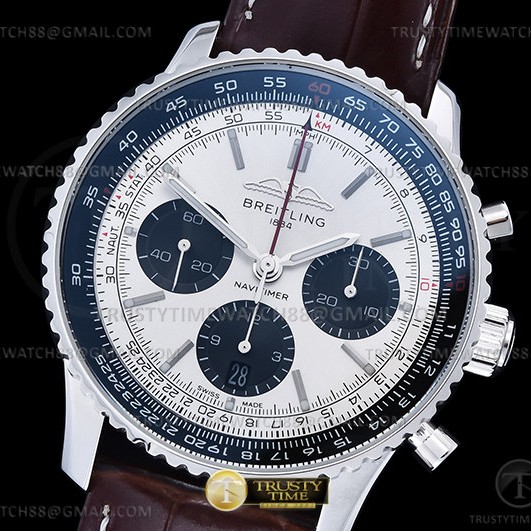 OX공장 브라이틀링 내비타이머 크로노 실버다이얼 가죽스트랩 Navitimer B01 Chrono 43mm SS/LE Silv OXF A7750