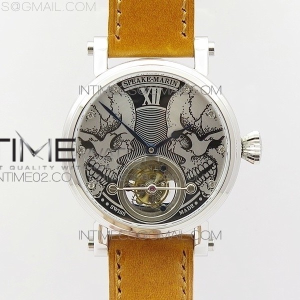 Speake-Marin투어빌론 스틸 스컬다이얼 가죽스트랩 SPEAKE-MARIN SS CASE SILVER DIAL ON RG DIAL ON BROWN LEATHER ASIAN EQ TOURBILLON (FREE BLACK LEATHER STRAP)