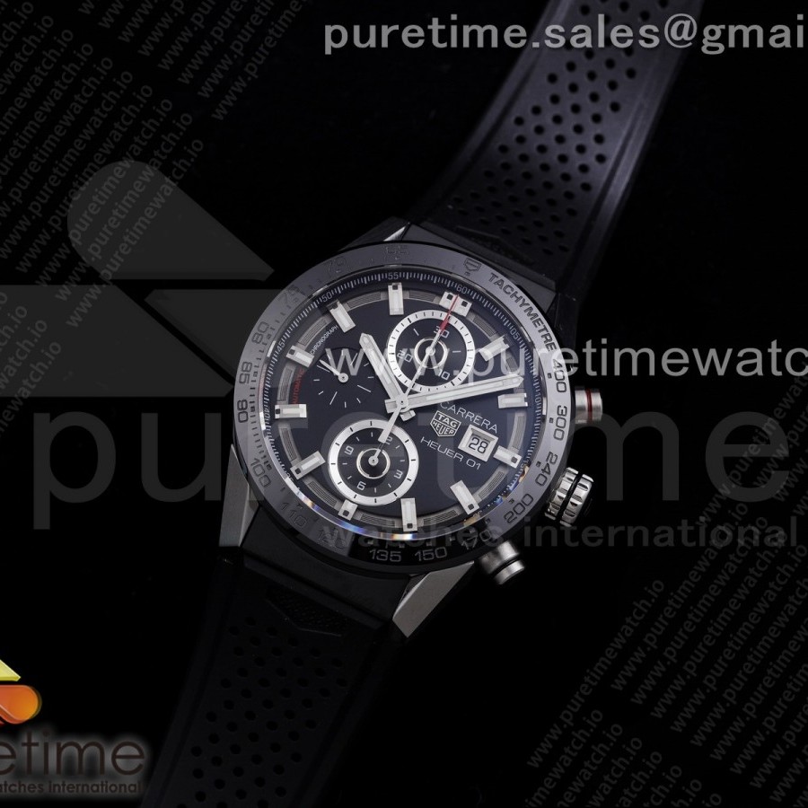 XF공장 칼리버호이어 블랙다이얼 러버 43MM Calibre Heuer 01 Chrono SS Black Dial on Black Rubber Strap A1887