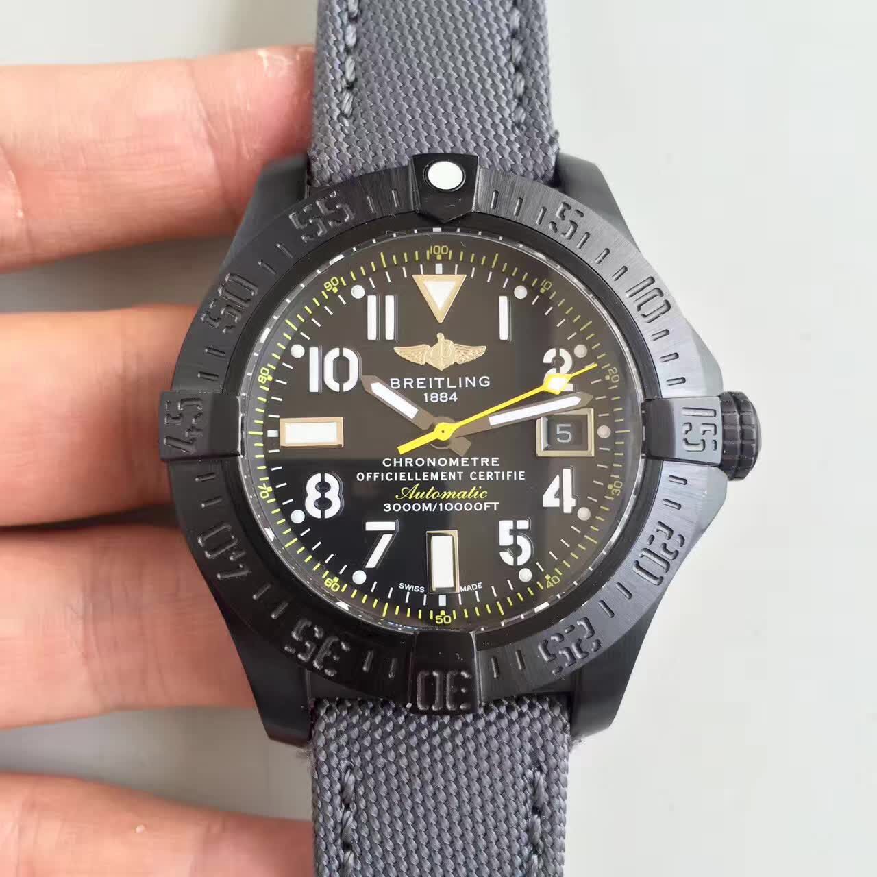 BL공장 브라이틀링 어벤져2 씨울프 블랙 PVD 아라빅 옐로우핸즈 Breitling Avenger2 SeaWolf Black PVD Arabic Yellow Hand 그레이스트랩