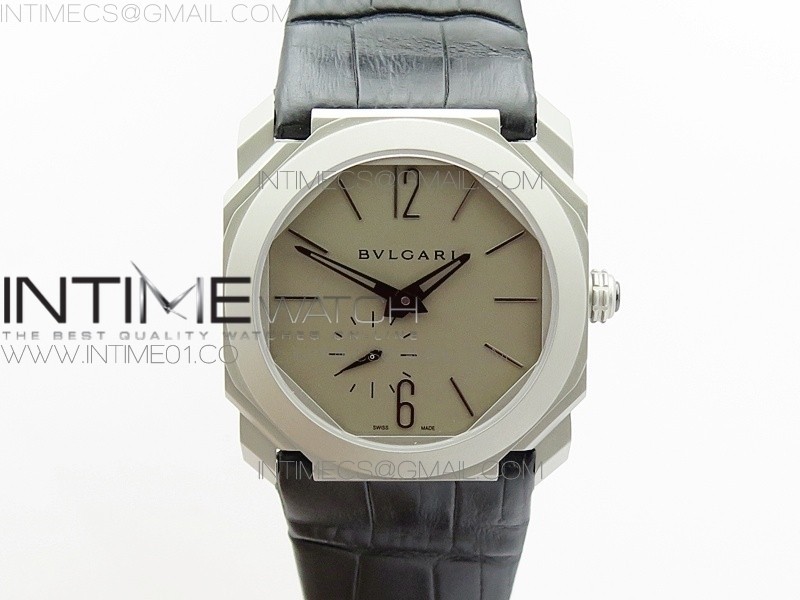 JL공장 불가리 옥토 12028 새틴스틸 그레이다이얼 가죽스트랩 OCTO 12028 SATIN-POLISHED SS GRAY DIAL ON BLACK LEATHER STRAP A2824