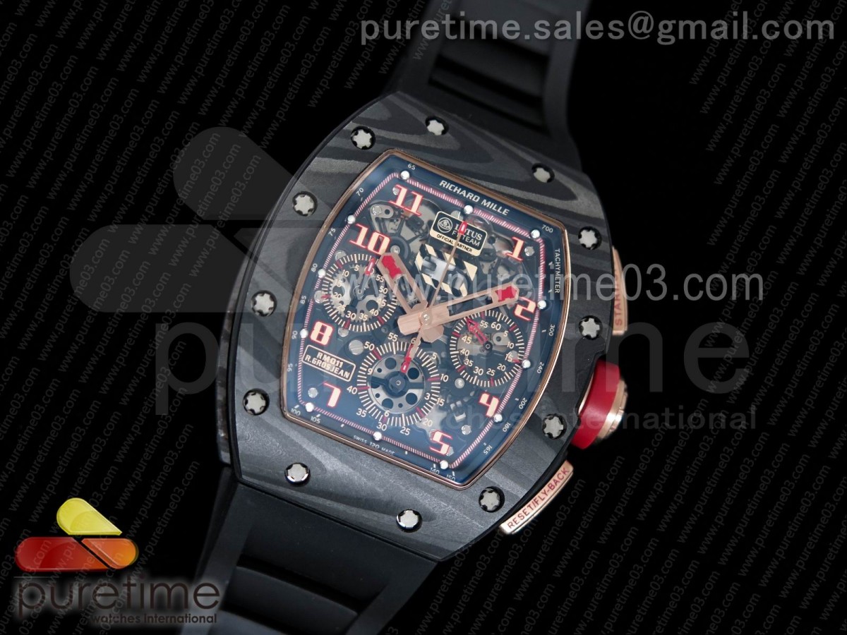 KV 리차드밀 RM011 NTPT 로투스F1팀 에디션 로즈골드버튼 NTPT Lotus F1 Team RG Chronograph  Crystal Skeleton Dial Red on Black Rubber Strap A7750