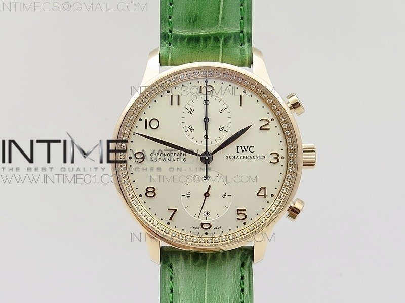 ZF공장 IWC 포르투기저 크로노그래프 PORTUGUESE IW3714 RG CASE DIAMOND  WHITE DIAL RG NUMERAL ON GREEN LEATHER STRAP A79350 (SLIM MOVEMENT)