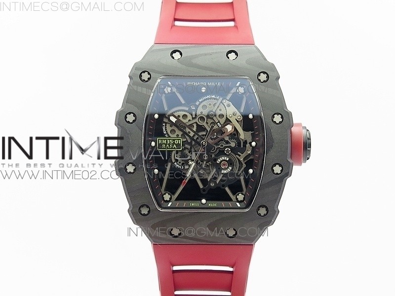 KV 리차드밀 RM035-01 카본케이스 스켈레톤다이얼 레드러버스트랩 RM035-01 FORGED CARBON CASE V2 SKELETON DIAL RED CROWN ON RED RUBBER STRAP MIYOTA8215