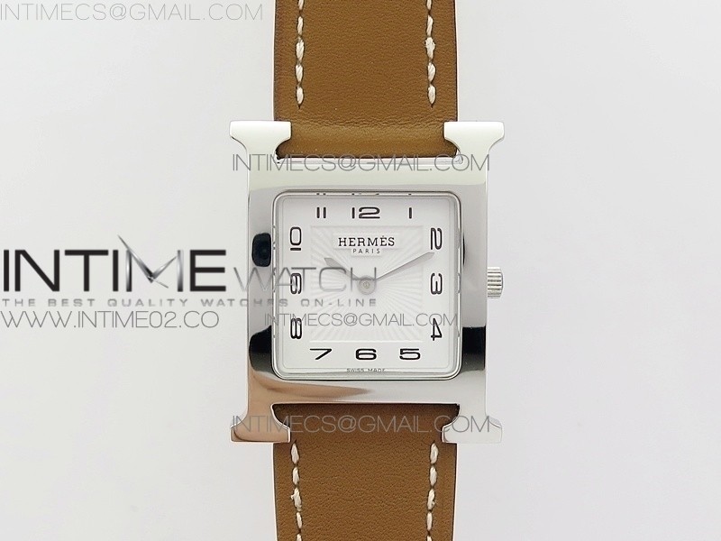 MK공장 에르메스 H아워 스틸 화이트다이얼 브라운스트랩 HEURE H LADIES SS WHITE DIAL ON BROWN LEATHER STRAP SWISS QUARTZ