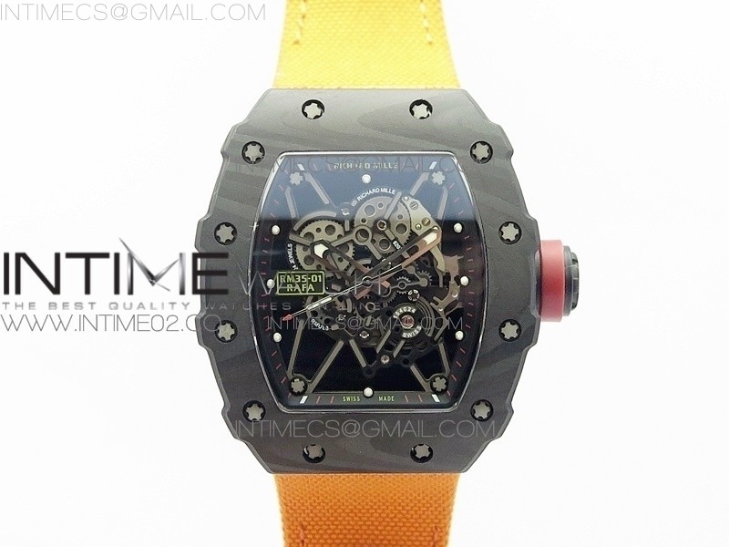 KV V2 리차드밀 RM035-01 카본 레드크라운 오렌지나일론스트랩 RM035-01 FORGED CARBON CASE V2 SKELETON DIAL RED CROWN ON ORANGE NYLON STRAP MIYOTA8215