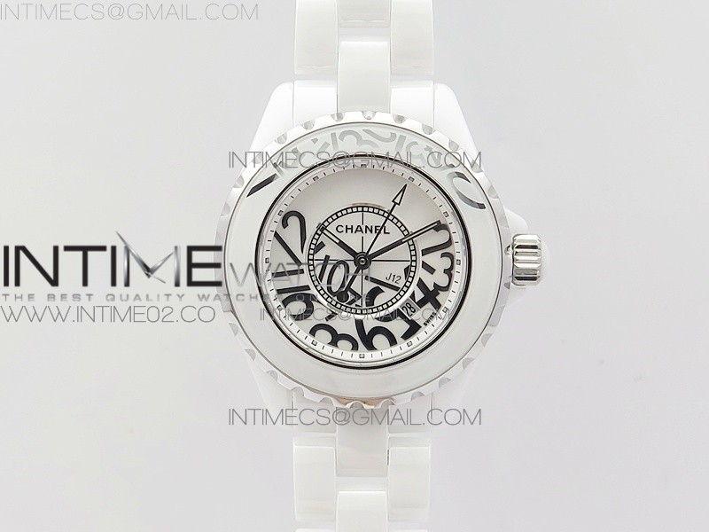 HT공장 샤넬 J12 화이트세라믹 넘버다이얼 33mm 여성용 세라믹브레이슬릿 솔리드백 J12 33mm White Korea Ceramic EAST Factory 1:1 Best Edition White Numbers Dial on Bracelet Swiss Quartz KOR EAST공장