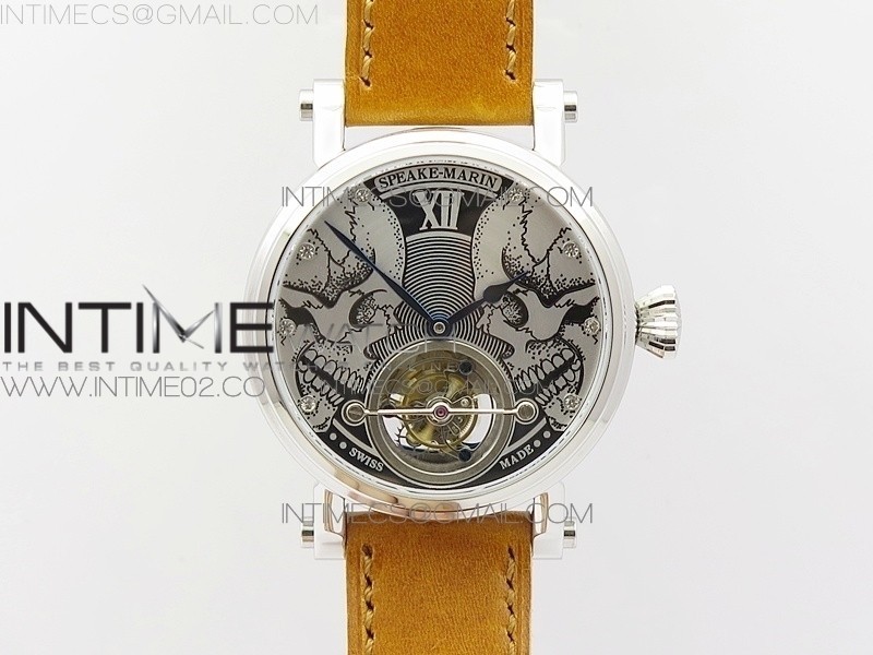 Speake-Marin투어빌론 스틸 스컬다이얼 가죽스트랩 SPEAKE-MARIN SS CASE SILVER DIAL ON RG DIAL ON BROWN LEATHER ASIAN EQ TOURBILLON (FREE BLACK LEATHER STRAP)