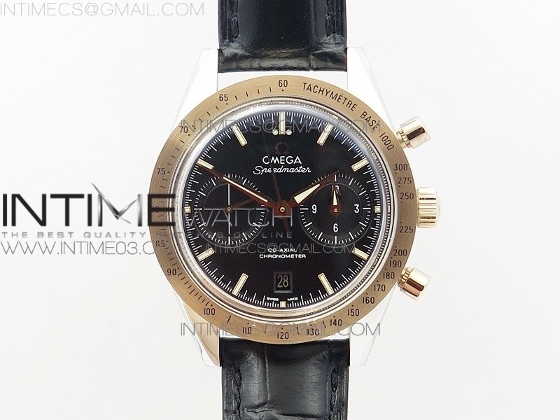 OM공장 오메가 스피드마스터57 코엑시얼 블랙다이얼 로즈골드콤비 가죽스트랩 SPEEDMASTER '57 CO-AXIAL RG/SS BLACK DIAL WHITE MARKERS ON BLACK LEATHER STRAP A9300 (FREE LEATHER STRAP)