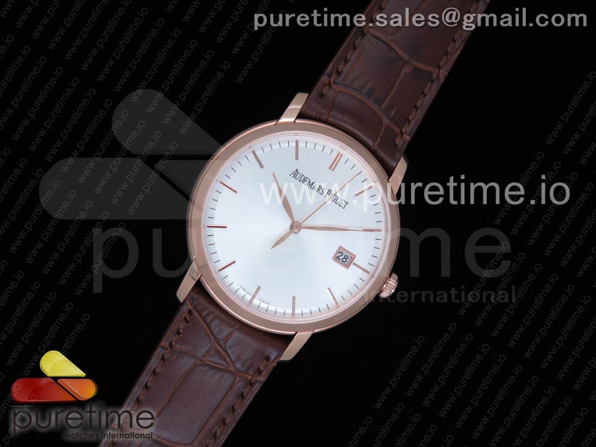 오데마피게 쥴스 오데마 데이트 39mm 로즈골드금장 화이트다이얼 가죽스트랩 Jules Audemars Date 39mm RG White Dial Gold Markers on Brown Leather Strap MIYOTA 9015