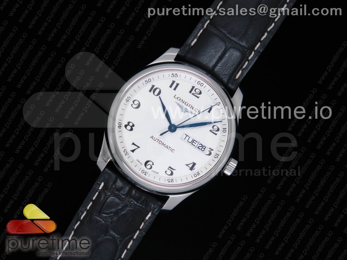 JF공장 v3 론진 마스터 데이데이트 스틸 화이트다이얼 블랙가죽스트랩 Master Day Date SS White Textured Dial on Black Leather Strap A2836 V3