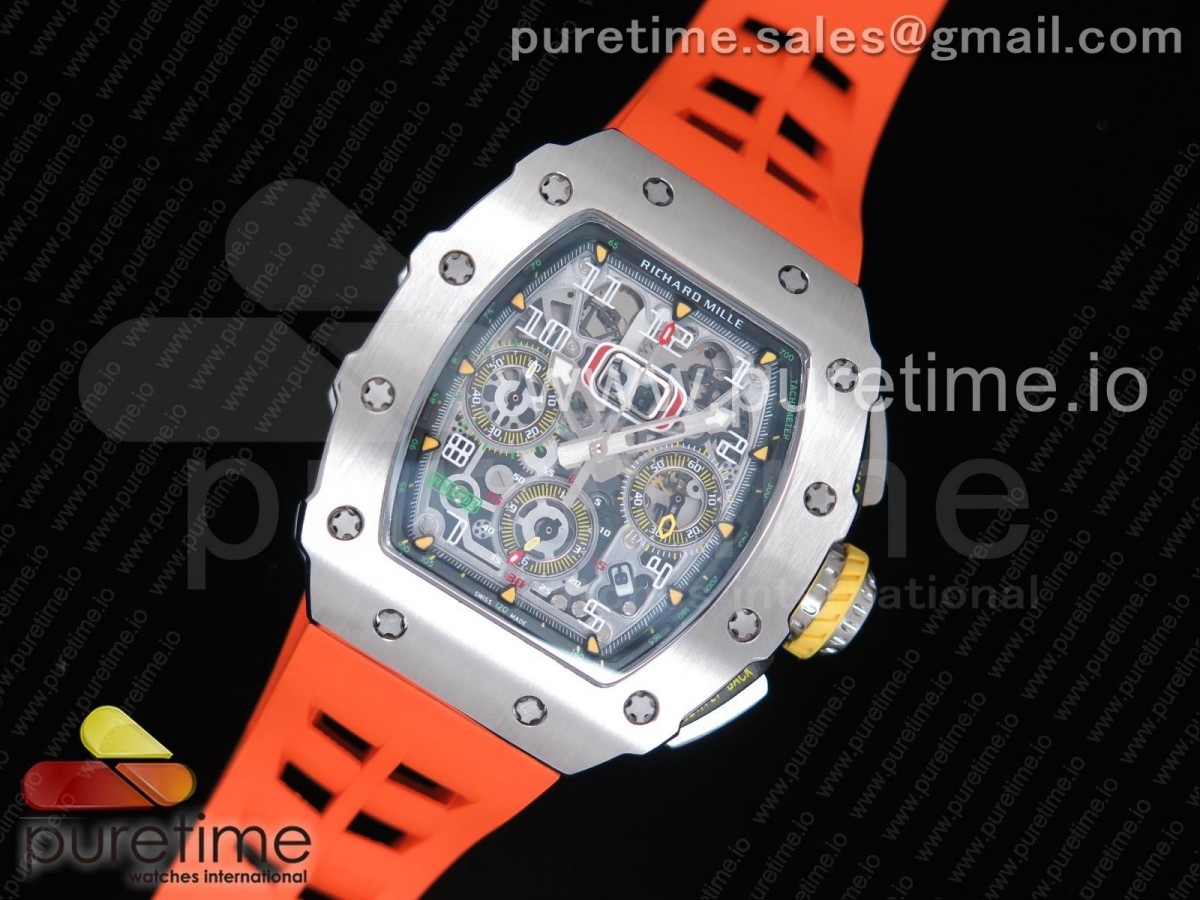 KV공장 리차드밀 RM11-03 스틸 크리스탈스켈레톤다이얼 오렌지레이싱러버스트랩 RM11-03 SS Crystal Skeleton Dial on Orange Racing Rubber Strap A7750