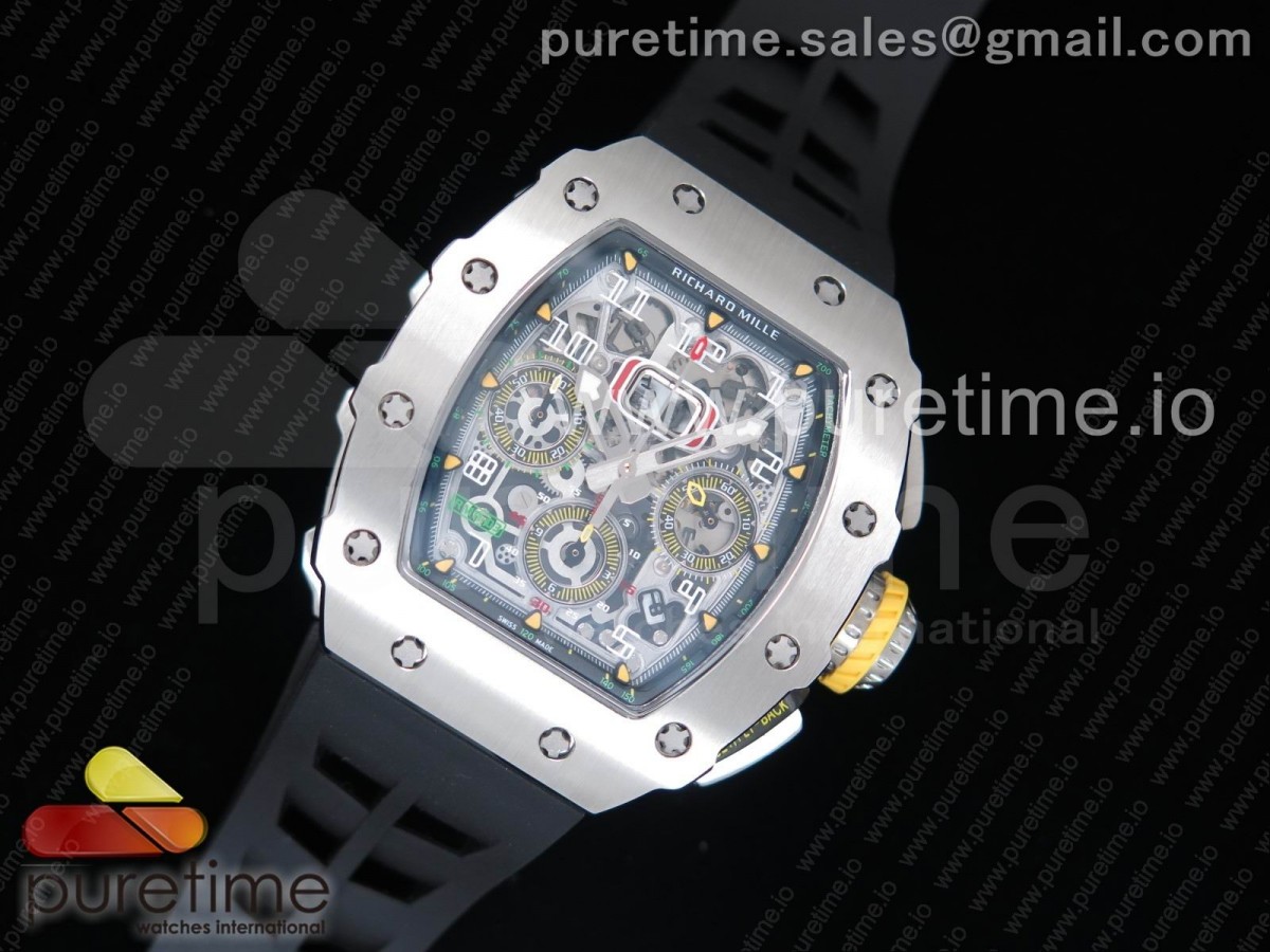 KV공장 리차드밀 RM11-03 스틸 크리스탈스켈레톤다이얼 블랙레이싱러버스트랩 RM11-03 SS Crystal Skeleton Dial on Black Racing Rubber Strap A7750