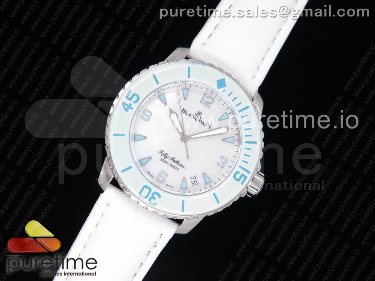 WT공장 블랑팡 피프티패덤즈 화이트앤블루 화이트다이얼 화이트캔버스스트랩 Fifty Fathoms White/Blue White Dial on White Sail-canvas Strap A1315