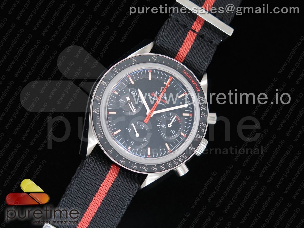 OM공장 오메가 스피디 튜즈데이 울트라맨 스틸 블랙다이얼 나토스트랩 Speedmaster Speedy Tuesday 2 ‘Ultraman’  Nato Strap Manual Winding Chrono Movement