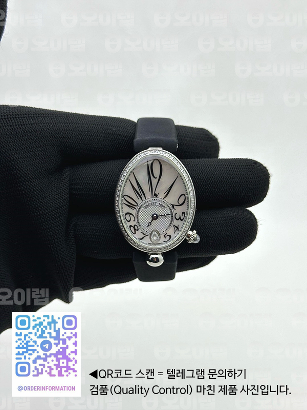ZF공장 브레게 네이플 자개다이얼 직물스트랩 Reine de Naples 8918BB SS White MOP Dial Diamonds Bezel on Black Fabric Strap A537