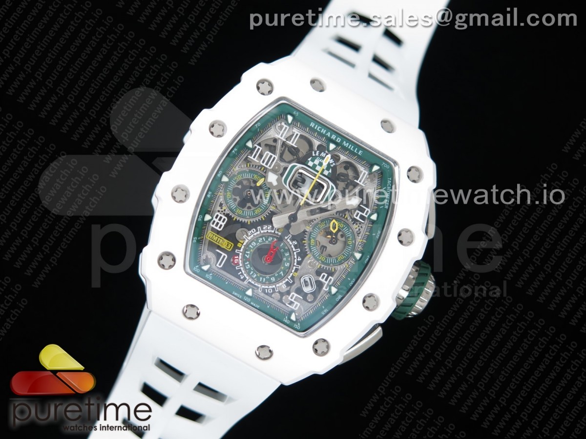 KU공장 리차드밀 RM011 화이트세라믹케이스 스켈레톤다이얼 러버스트랩 RM011 Real White Ceramic Chronograph Crystal Skeleton Dial Green on White Rubber Strap A7750 KV공장