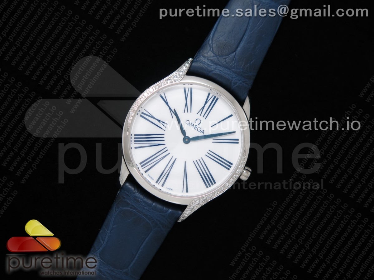 오메가 드빌 트레소르 퀴츠 화이트다이얼 블루마커 가죽스트랩 De Ville Tresor Quartz 36mm Ladies SS White Dial Blue Markers on Blue Leather Strap Ronda Quartz