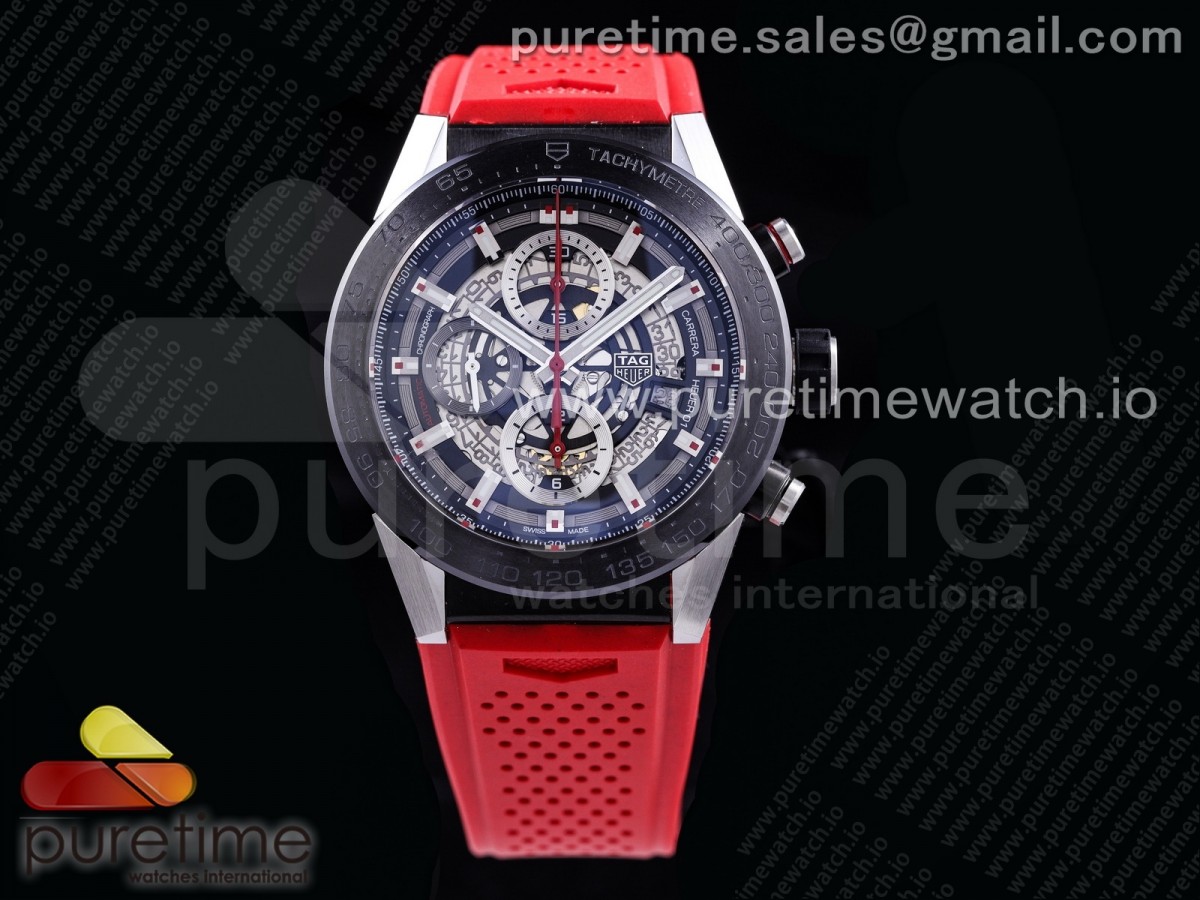 XF공장 칼리버호이어 PVD 스켈레톤다이얼 러버스트랩 Calibre Heuer 01 Chrono SS/PVD Skeleton Dial Red Hand on Red Rubber Strap A1887