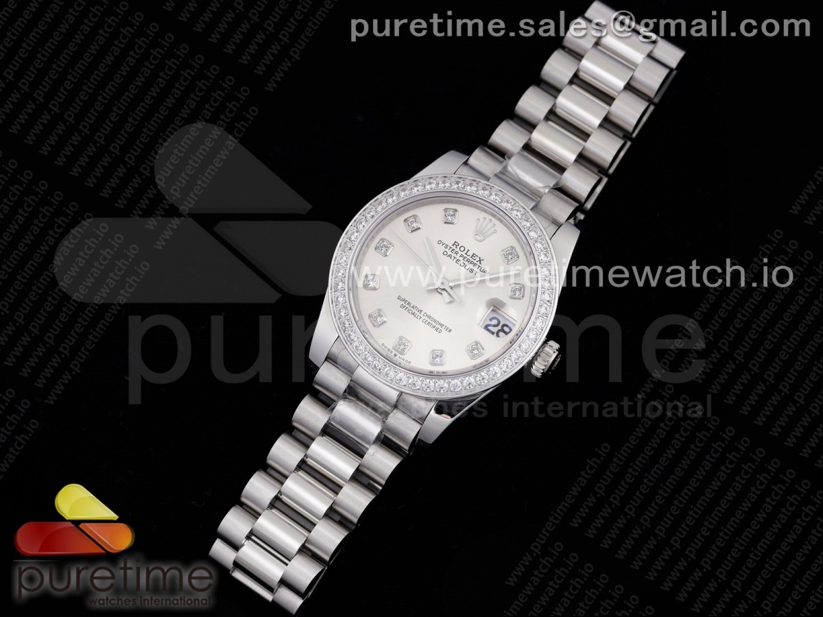 GM공장 롤렉스 데이저스트 31 실버다이얼 브레이슬릿 DateJust 31 Ladies 278289 GMF 316L Steel Silver Dial Diamonds Bezel and Markers on President Syle Bracelet