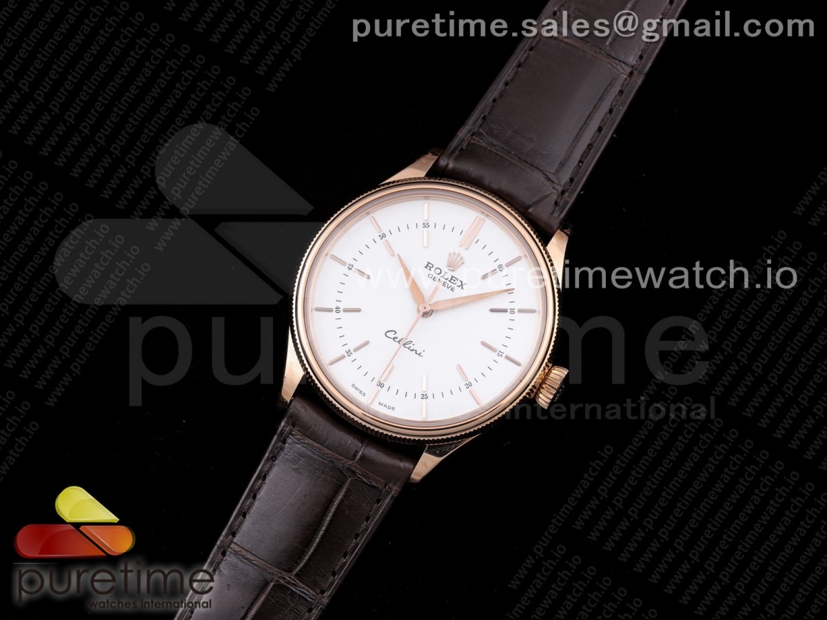 GM공장 롤렉스 셀리니 50505  로골 화이트다이얼 가죽스트랩 Cellini 50505 RG White Dial Stick Markers on Brown Leather Strap SA3132