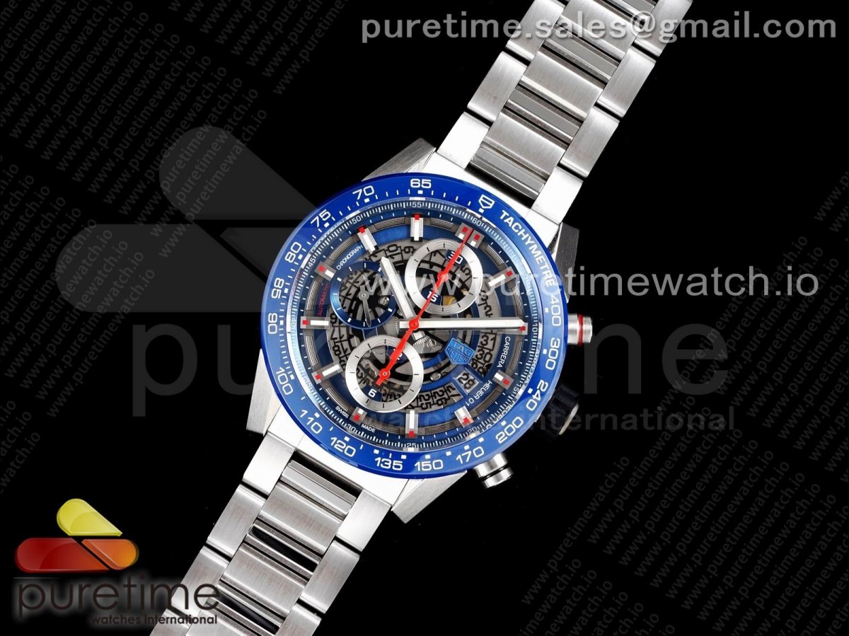 XF공장 칼리버호이어 블루 43 스켈레톤다이얼 Calibre Heuer 01 Chrono 43mm Blue Ceramic SS XF 1:1 Best Edition Skeleton Dial on SS Bracelet A1887