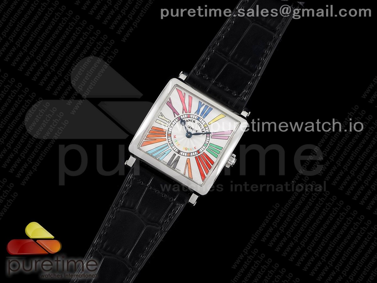 ZF공장 프랭크뮬러 마스터스퀘어 화이트다이얼 가죽스트랩 Master Square SS Ladies ZF 1:1 Best Edition White Colorful Roman Dial on Black Leather Strap Ronda Quartz