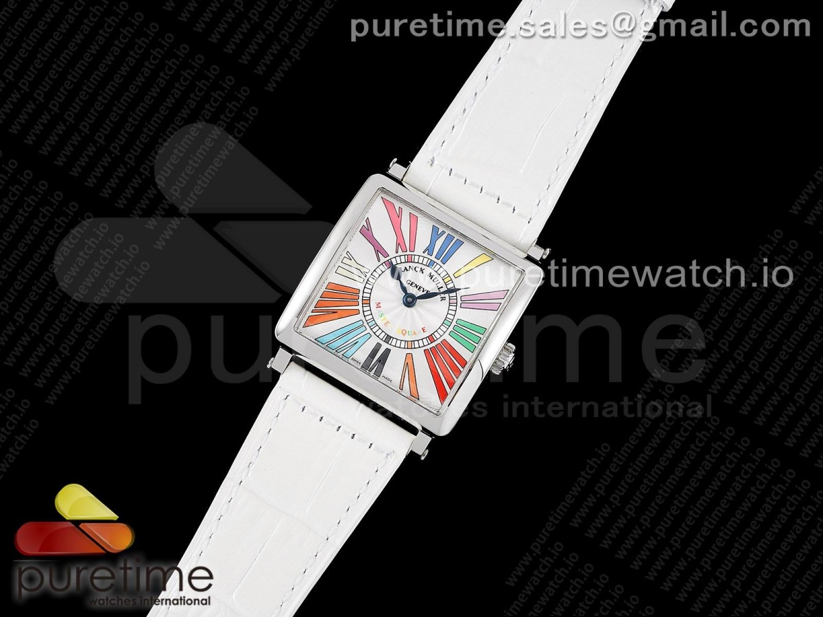 ZF공장 프랭크뮬러 마스터스퀘어 화이트다이얼 가죽스트랩 Master Square SS Ladies ZF 1:1 Best Edition White Colorful Roman Dial on White Leather Strap Ronda Quartz