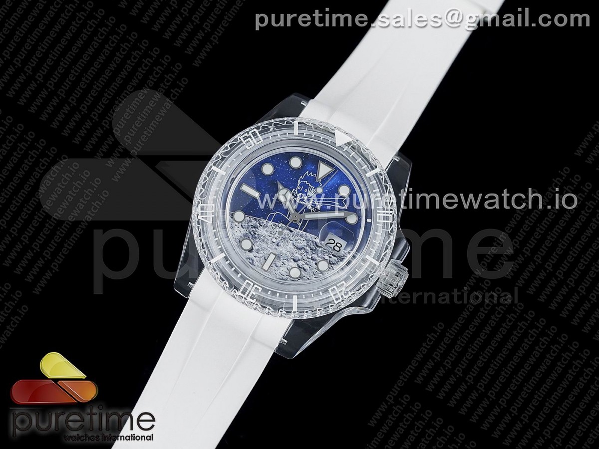 KZ공장 서브 팬텀랩 투명 블루문다이얼 러버 3135 Submariner Phantomlab Transparent KZF Best Edition Blue Moon Dial on White Rubber Strap VR3135