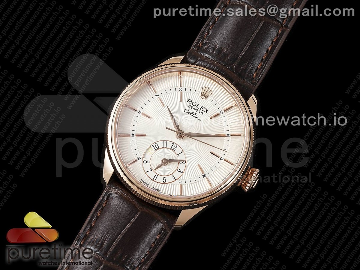 KZ공장 롤렉스 셀리니 듀얼타임 로즈골드금통 화이트다이얼 가죽스트랩 Cellini Dual Time 50529 RG KZF Best Edition White Dial on Brown Leather Strap A23J