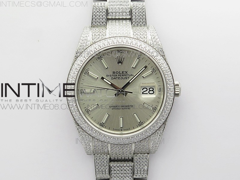 BP공장 롤렉스 데이저스트 41 다이아몬드풀파베 실버다이얼 브레이슬릿 DateJust 41 126334 904 Full Paved Diamonds BP Best Edition Silver Dial Sticks Markers on Oyster Bracelet A2824