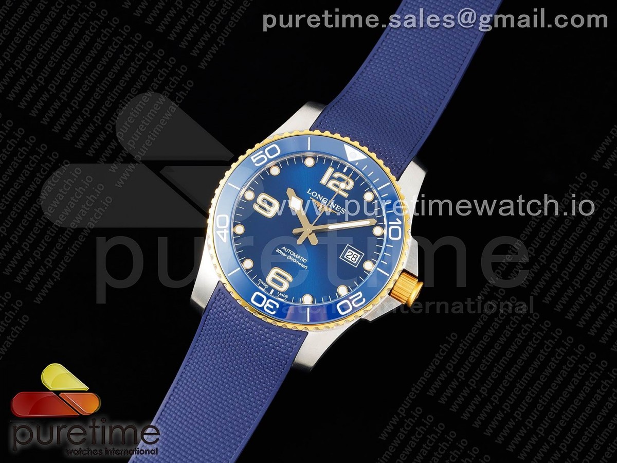 ZF공장 론진 하이드로콘퀘스트 옐로우골드콤비 블루다이얼 러버스트랩 Conquest SS/YG Blue Ceramic Bezel SS ZF 1:1 Best Edition Blue Dial on Blue Rubber Strap A2824