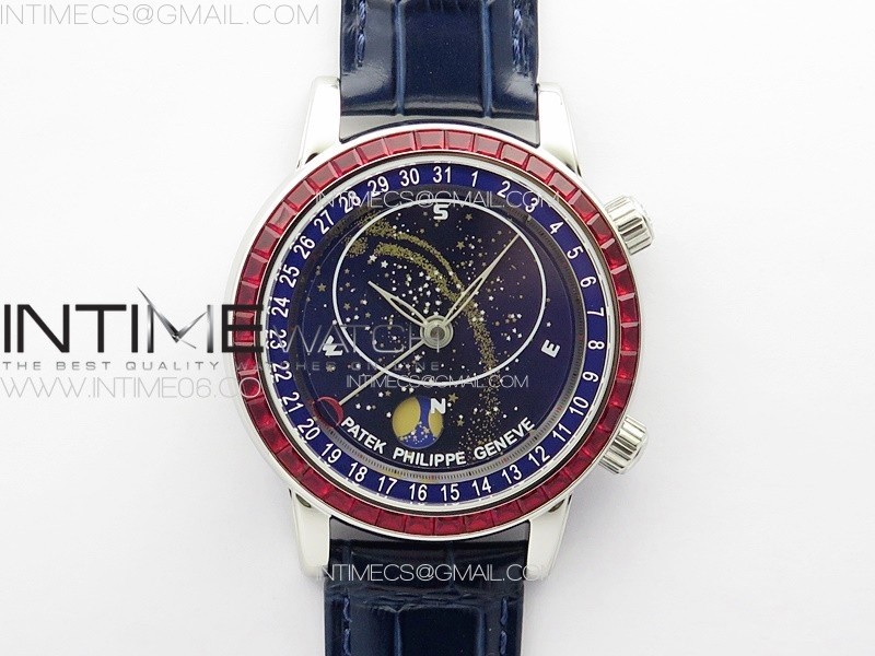 3E공장 파텍필립 6104P 문 레드다이아몬드배젤 블루다이얼 블루가죽스트랩 Moon SS 3EF Best Edition Blue Dial Red T Diamond Bezel on Blue Leather Strap A240