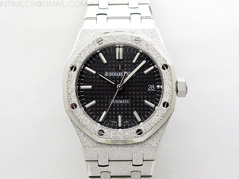 APS공장 오데마피게 로얄오크15454 프로스티드골드 새틴폴리싱 스틸 블랙다이얼 Royal Oak 37mm 15454 Frosted SS APSF 1:1 Best Edition Black Textured Dial on Frosted SS Bracelet SA3120 Super Clone