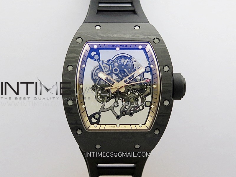 ZF공장 리차드밀 RM055 NTPT 스켈레톤다이얼 블랙러버스트랩 RM055 RG Inner Bezel Black Crown NTPT ZF 1:1 Best Edition on Black Rubber Strap RMUL2 Super Clone V2